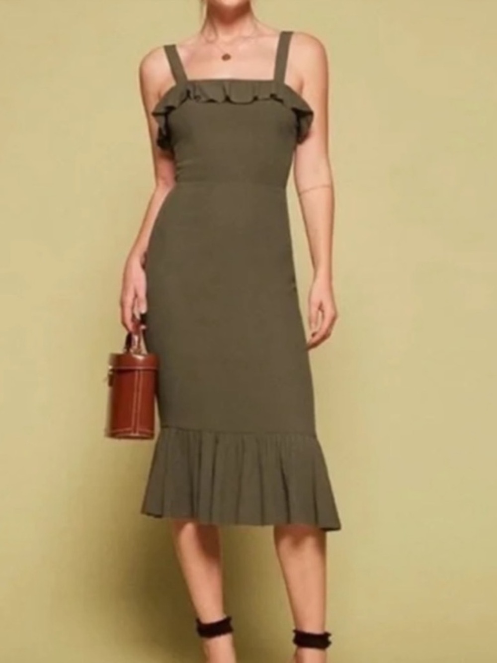 Reformation Women’s Frida Ruffle Hem Column Cocktail Midi Dress Army Green Sz 6